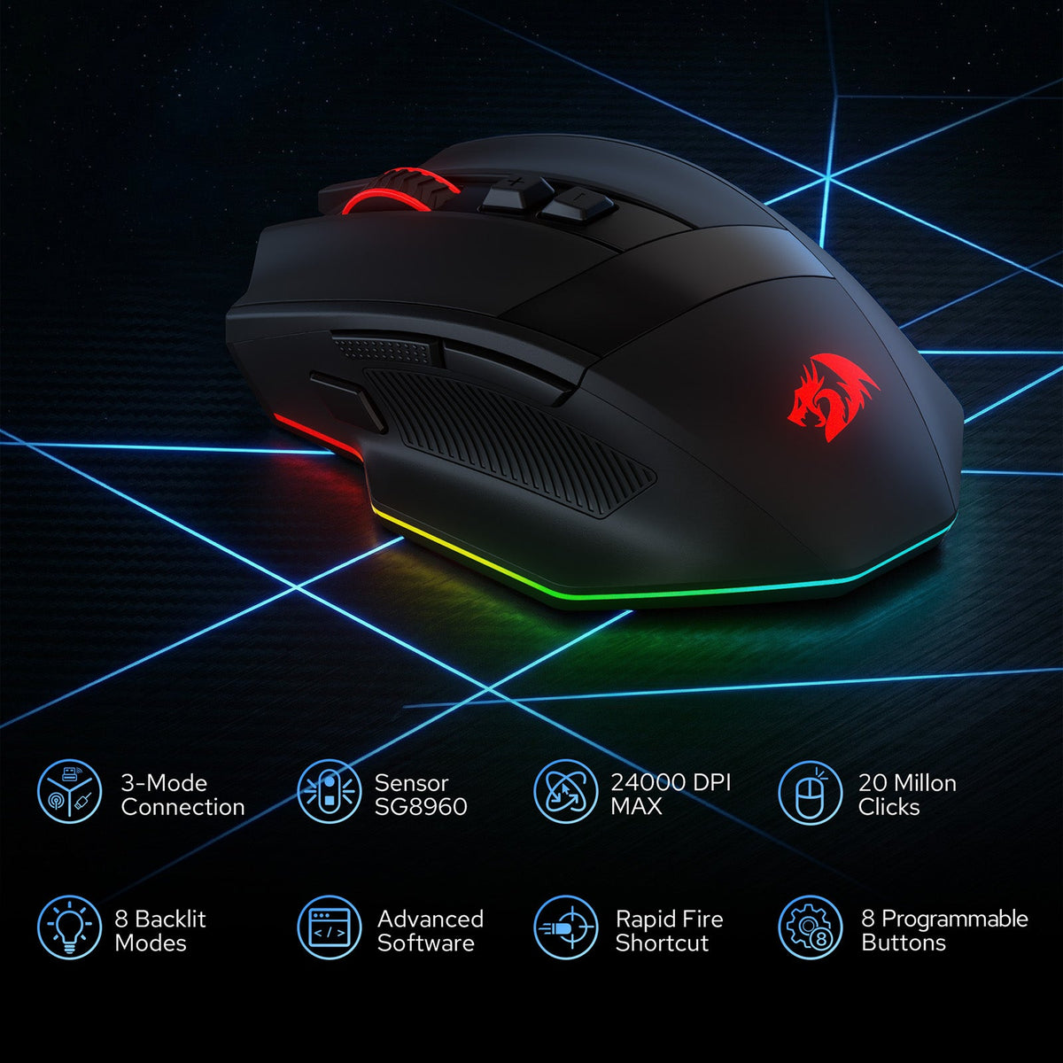 Redragon EU M923 PRO 3-Mode RGB Gaming Mouse, Optical Ergonomic Gamer Mouse with Max 24,000DPI, Pro Precision Sensor SG8960, 8 Macro Buttons, Software Supported 