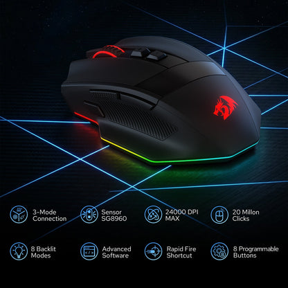 Redragon EU M923 PRO 3-Mode RGB Gaming Mouse, Optical Ergonomic Gamer Mouse with Max 24,000DPI, Pro Precision Sensor SG8960, 8 Macro Buttons, Software Supported 