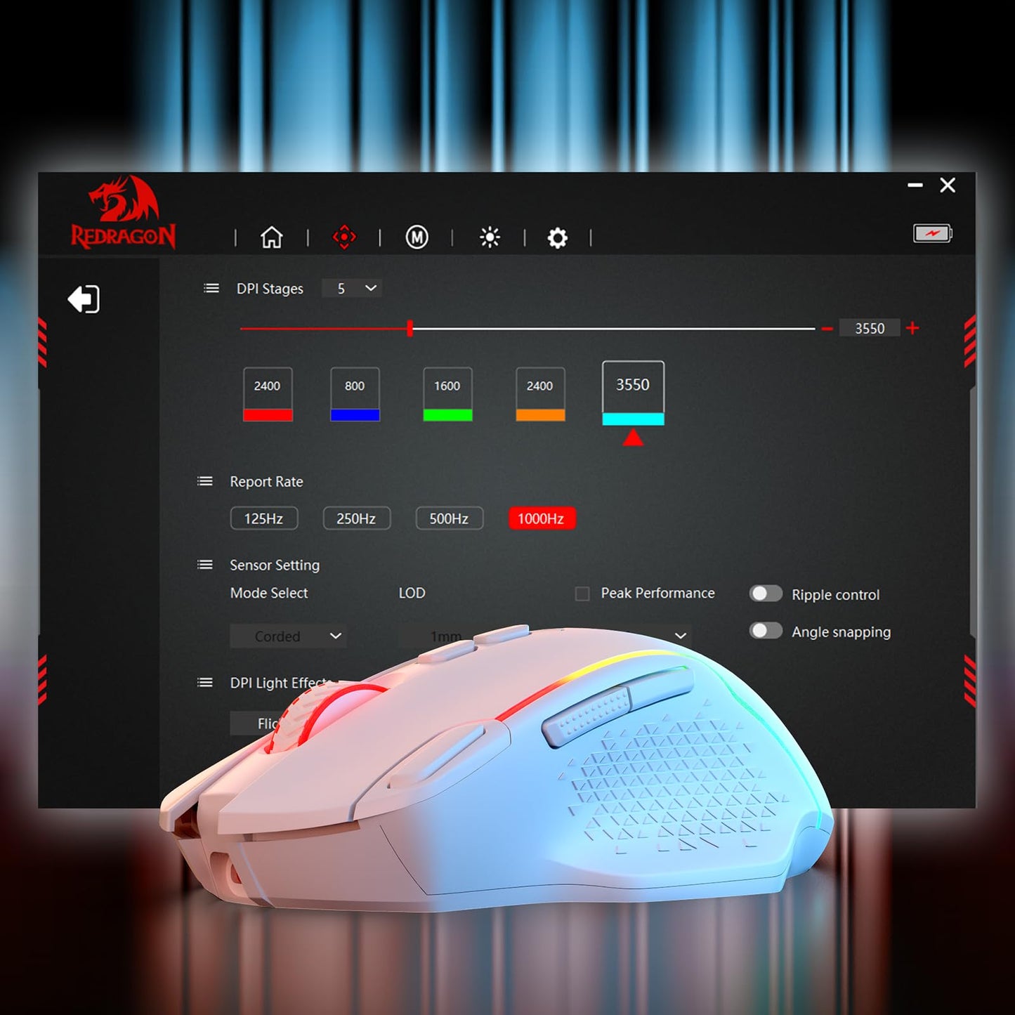 Gaming mouse with customizable settings displayed on a software interface