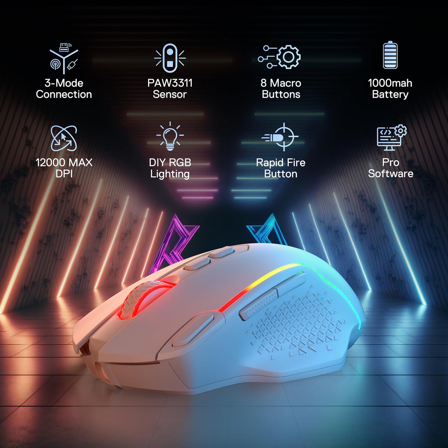 Gaming mouse with illuminated design on a dark background