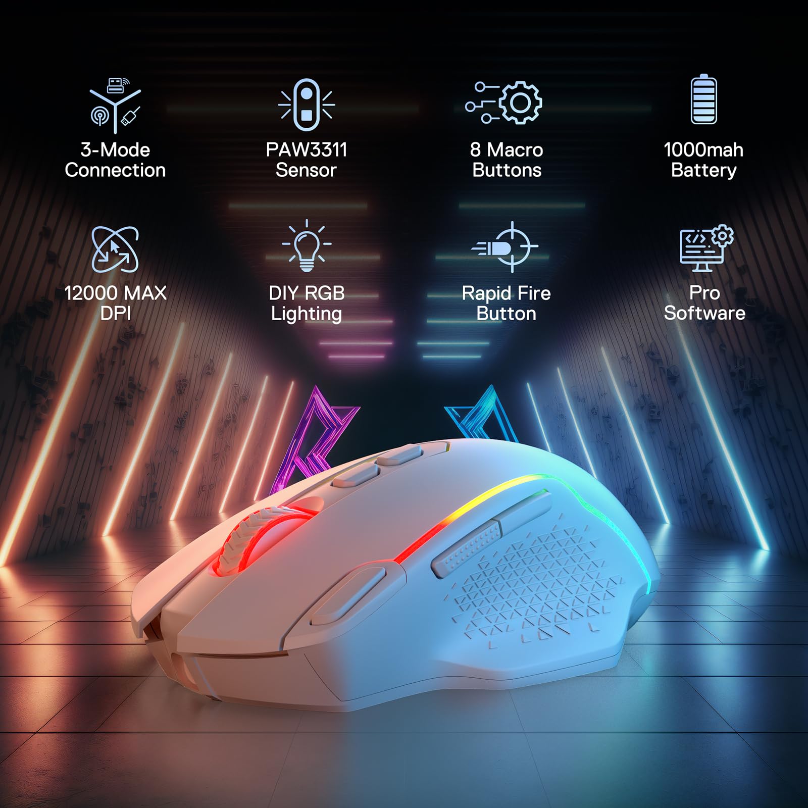 Gaming mouse with illuminated design on a dark background