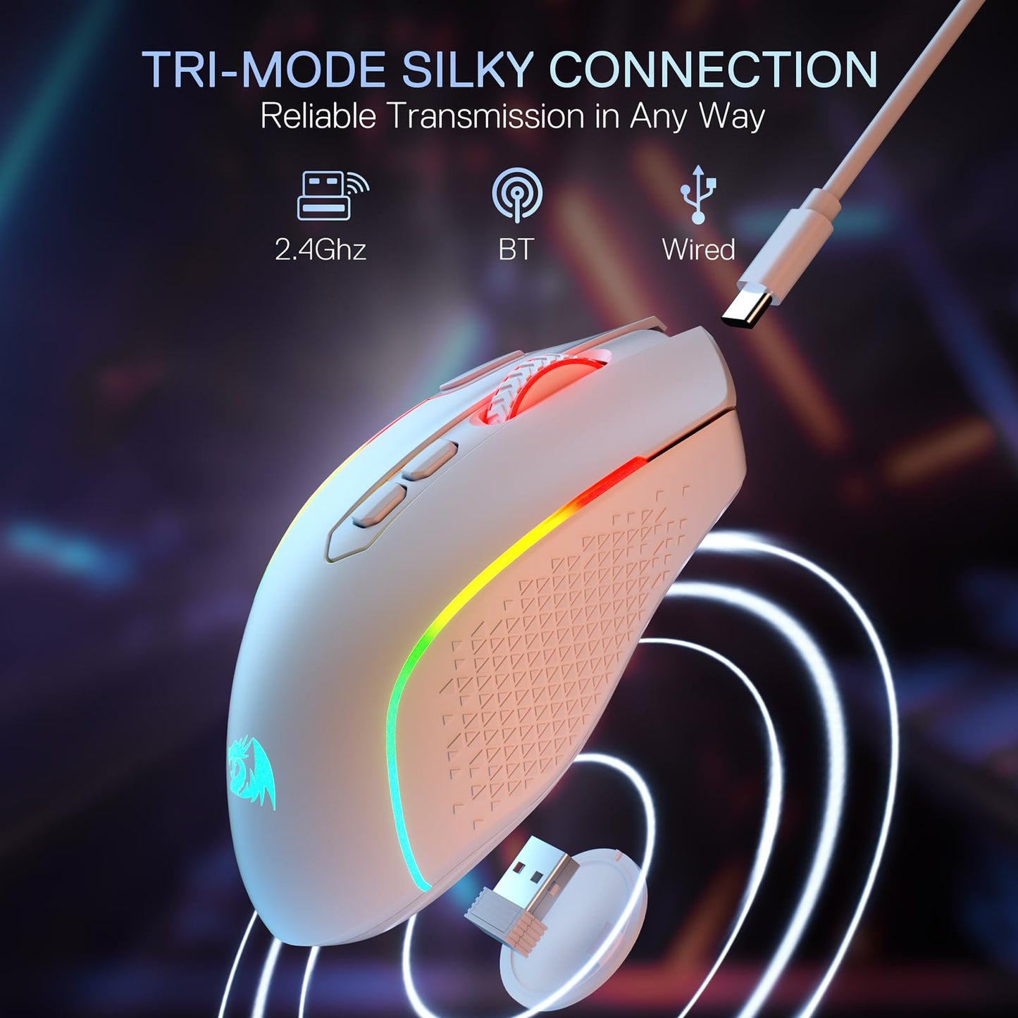 Gaming mouse with RGB lighting and connectivity options on a dark background