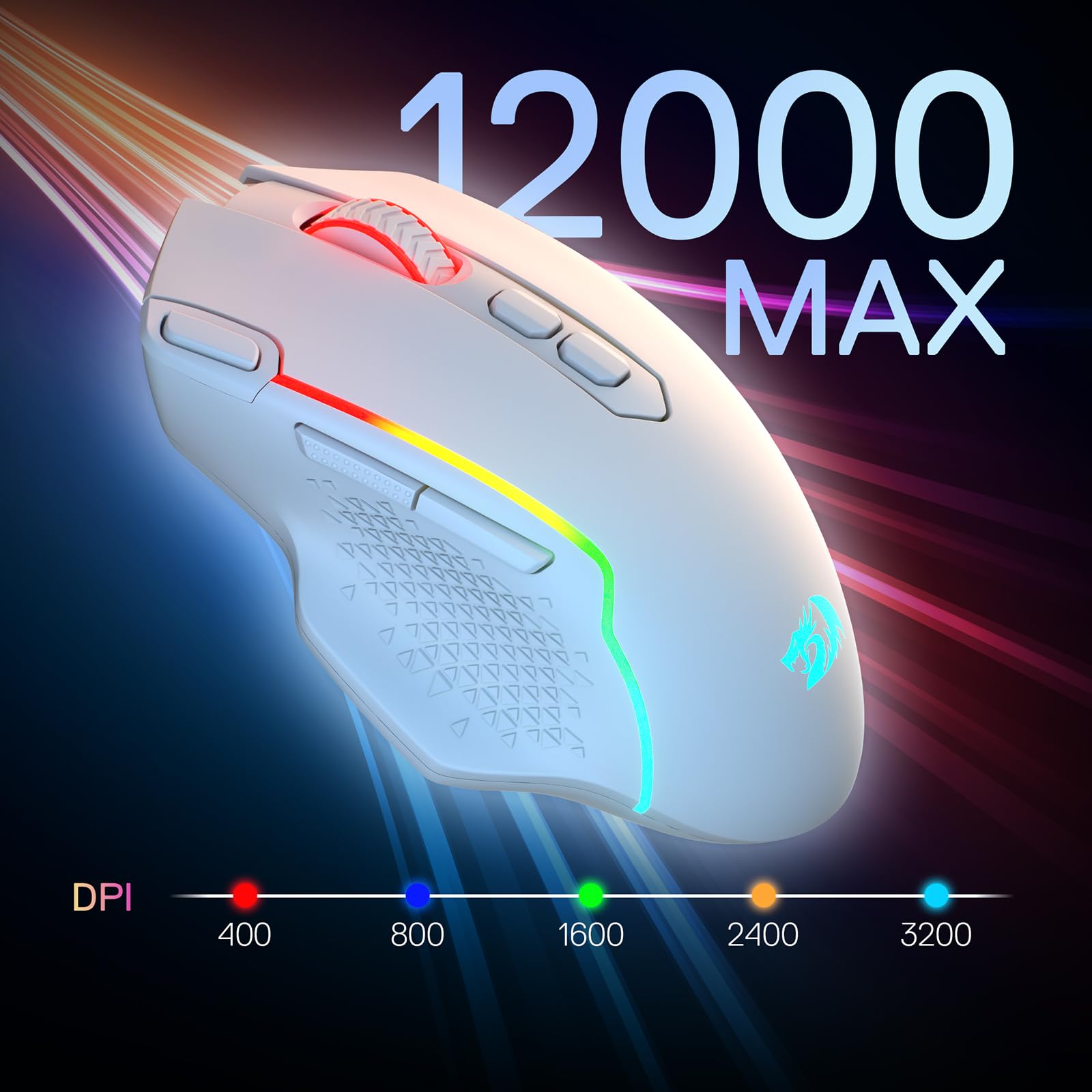 Gaming mouse with RGB lighting and DPI scale on a dark background