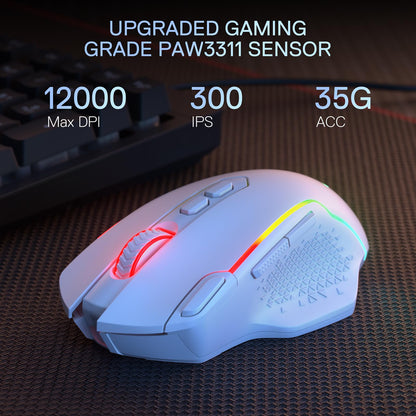 Gaming mouse with RGB lighting on a textured surface, featuring sensor specifications.
