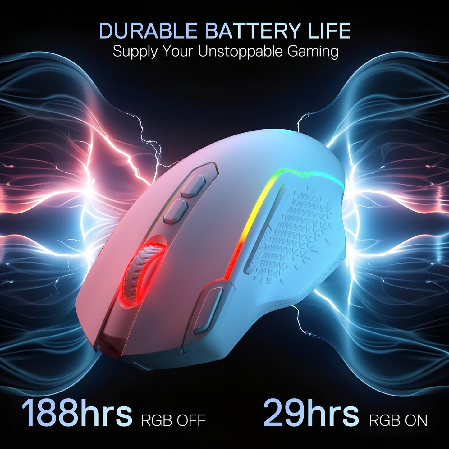 Gaming mouse with RGB lighting effects on a dark background, highlighting durable battery life.