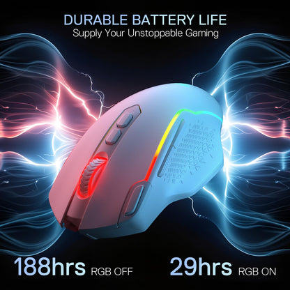 Gaming mouse with RGB lighting effects on a dark background, highlighting durable battery life.