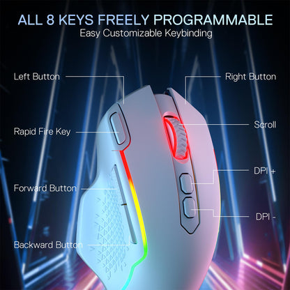 Gaming mouse with labeled buttons on a dark background