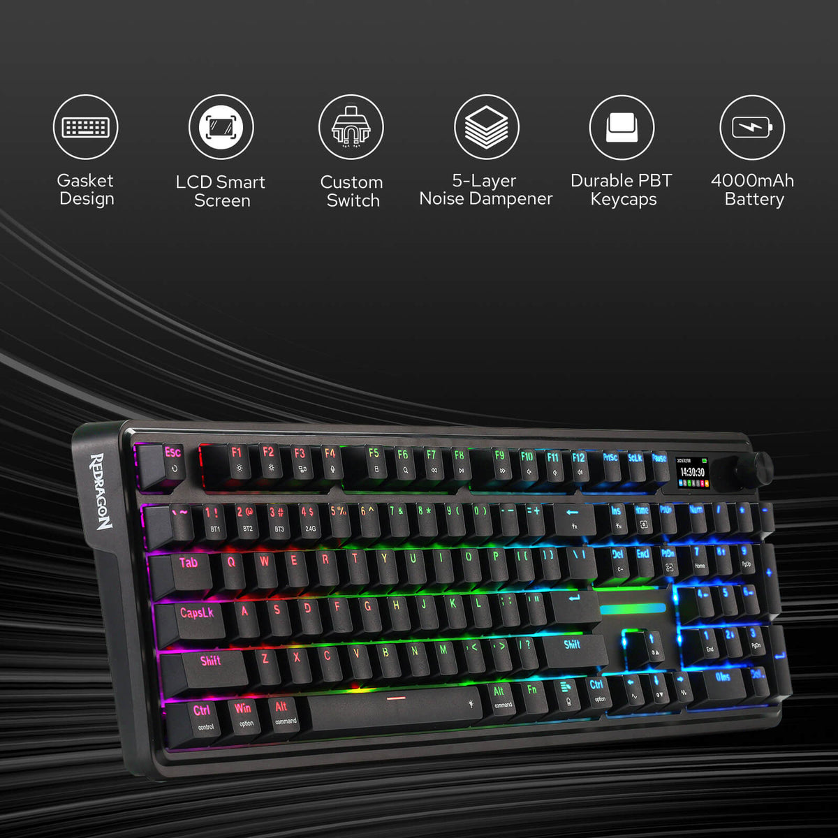 Redragon K762 Wireless Gasket Gaming Keyboard w/Hype Screen & Knob, 104 Keys Mechanical Keyboard, Easy-Control 1.14’’ TFT Info Display, 5-Layer Noise Dampening, Round PBT Keycaps, Custom Linear Switch