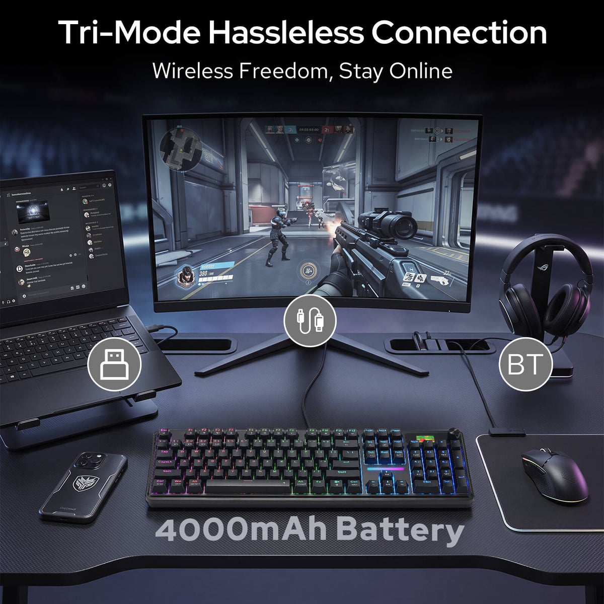 Redragon K762 Wireless Gasket Gaming Keyboard w/Hype Screen & Knob, 104 Keys Mechanical Keyboard, Tri-Mode