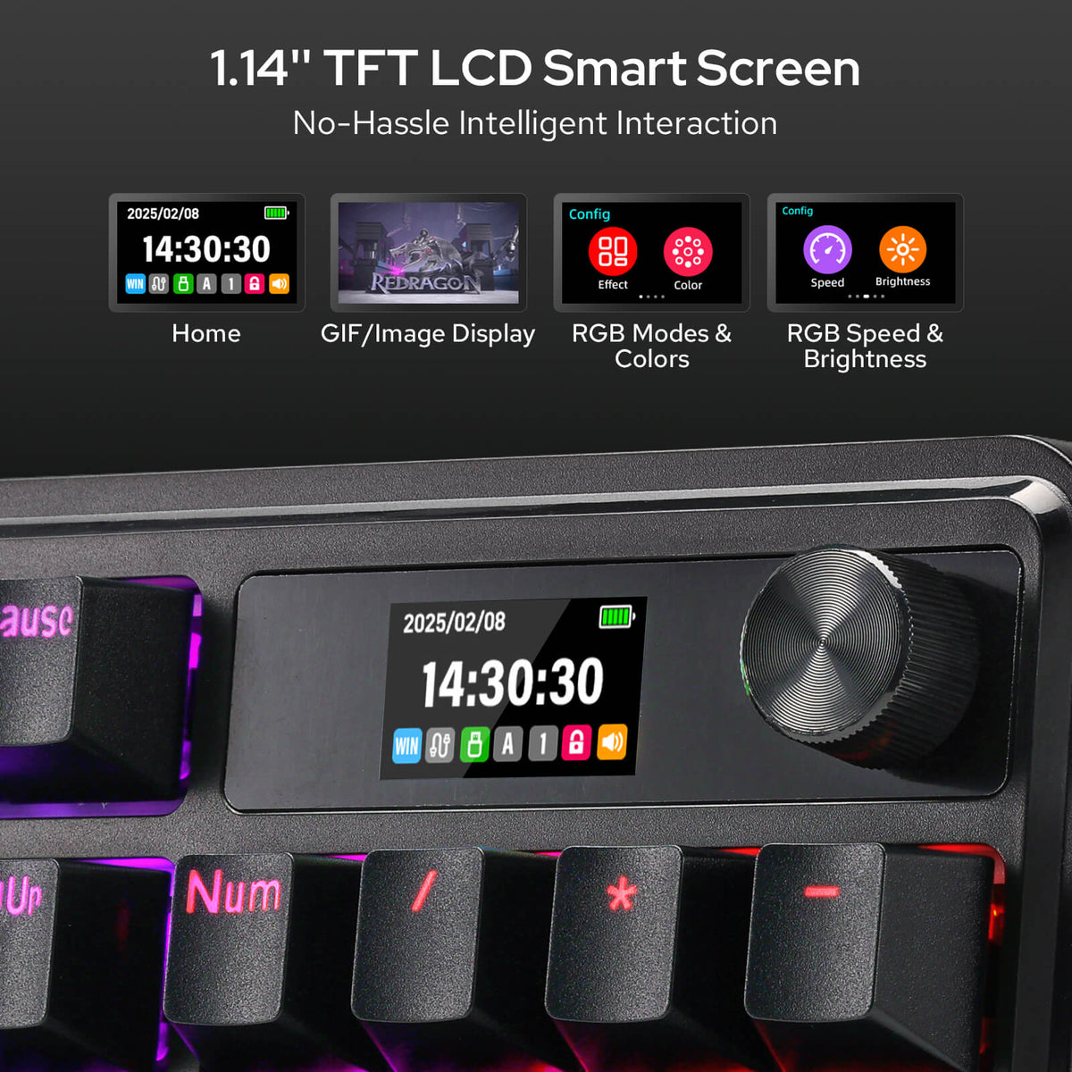 Redragon K762 Wireless Gasket Gaming Keyboard w/Hype Screen & Knob, 104 Keys Mechanical Keyboard, Easy-Control 1.14’’ TFT Info Display