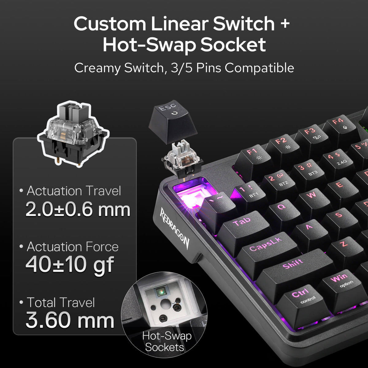 Redragon K762 Wireless Gasket Gaming Keyboard w/Hype Screen & Knob, 104 Keys Mechanical Keyboard, Easy-Control 1.14’’ TFT Info Display, 5-Layer Noise Dampening, Round PBT Keycaps, Custom Linear Switch