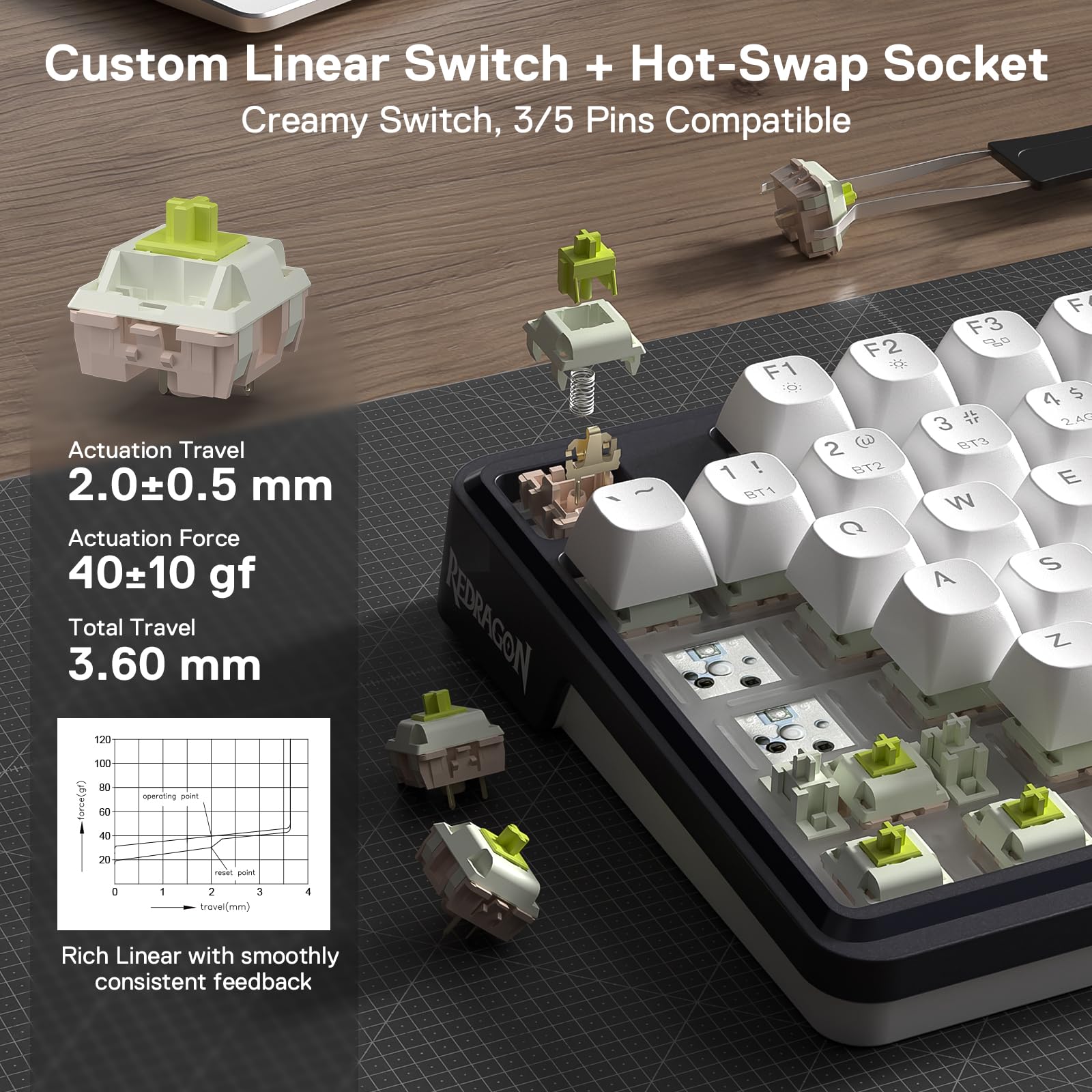 Redragon EU K762 Gasket Gaming Keyboard with Hype Screen & Button, 104-key mechanical keyboard, 1.14-inch TFT info display, 5-layer noise reduction, round PBT keycaps, Mint Mambo switches