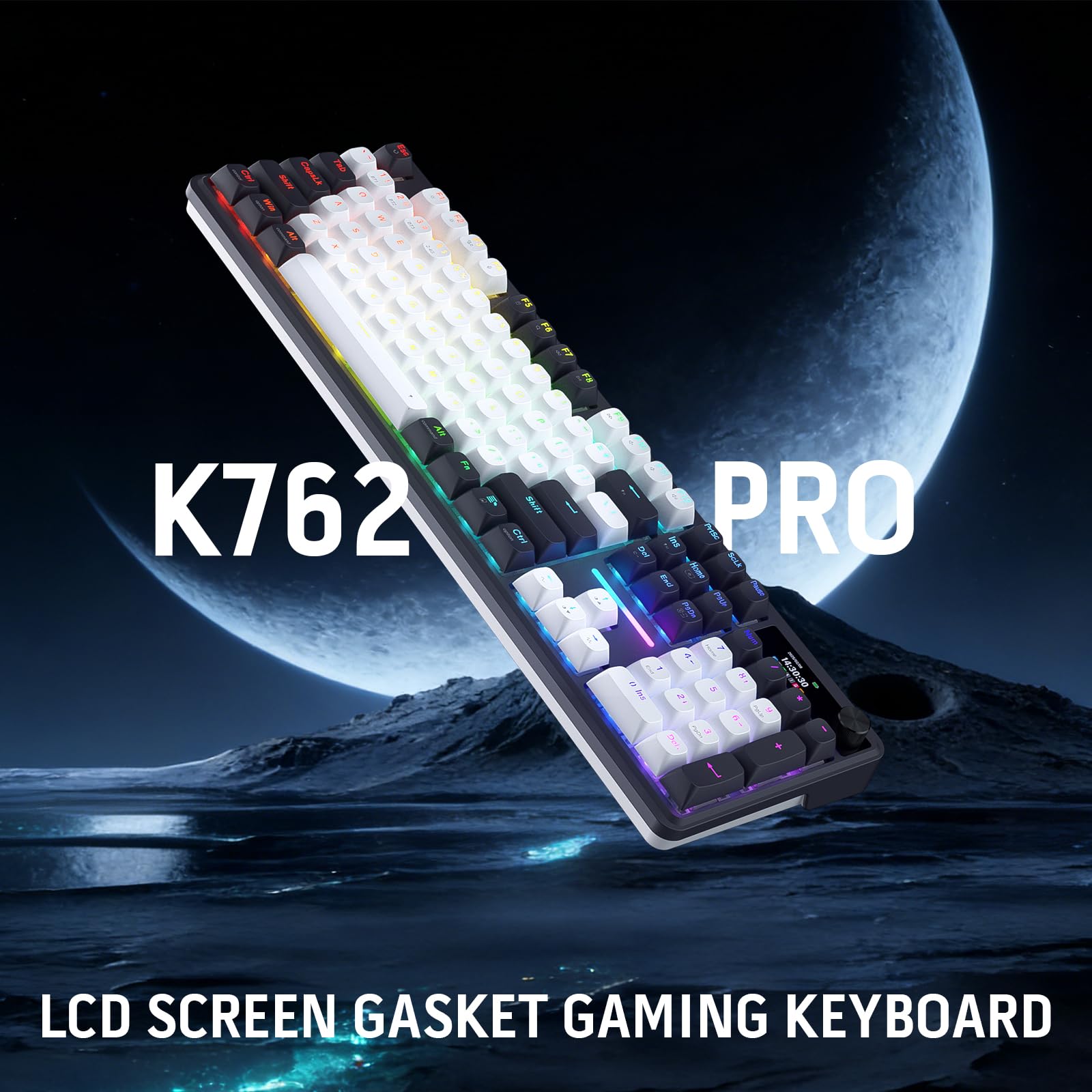 Redragon EU K762 Gasket Gaming Keyboard with Hype Screen & Button, 104-key mechanical keyboard, 1.14-inch TFT info display, 5-layer noise reduction, round PBT keycaps, Mint Mambo switches