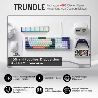 Redragon EU, The Redragon K668 Trundle full-size mechanical keyboard is showcased, featuring a French AZERTY layout, hot-swappable sockets, red switches, RGB side lighting, and mixed-color keycaps.
