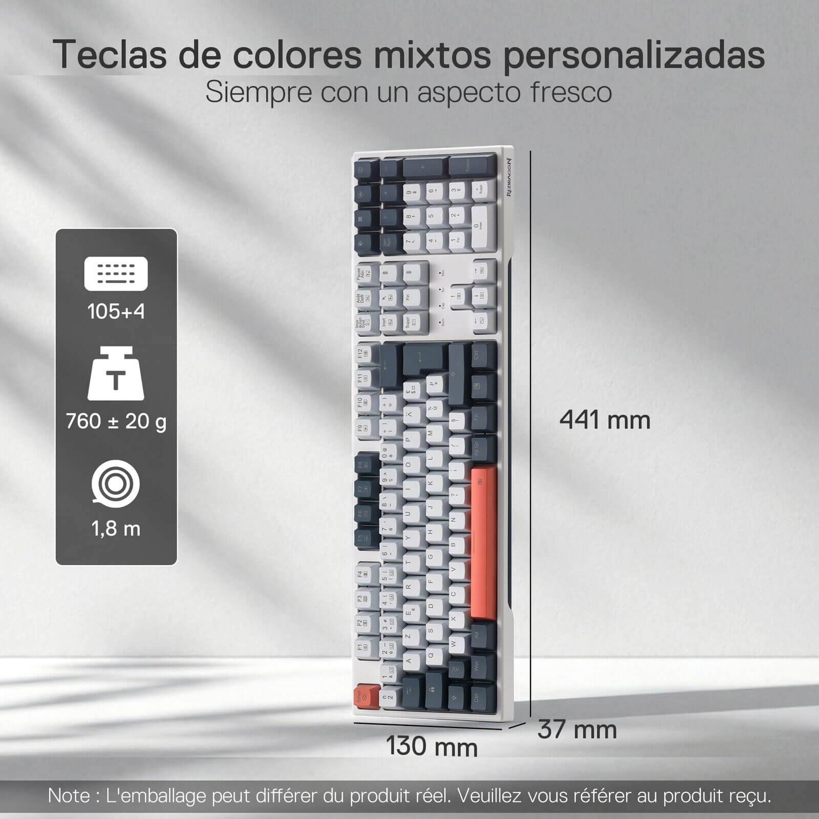 Redragon EU, The mixed-color custom keycaps are featured, with the keyboard’s dimensions (441×130×37mm) and weight (760±20g) clearly indicated.