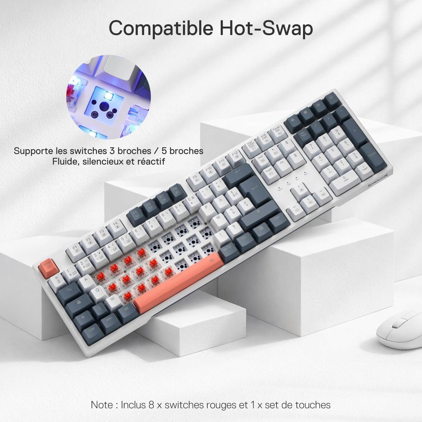 Redragon EU, The hot-swappable design is highlighted, supporting 3/5-pin switches for smooth, quiet, and responsive typing, with 8 red switches and a keycap set included.