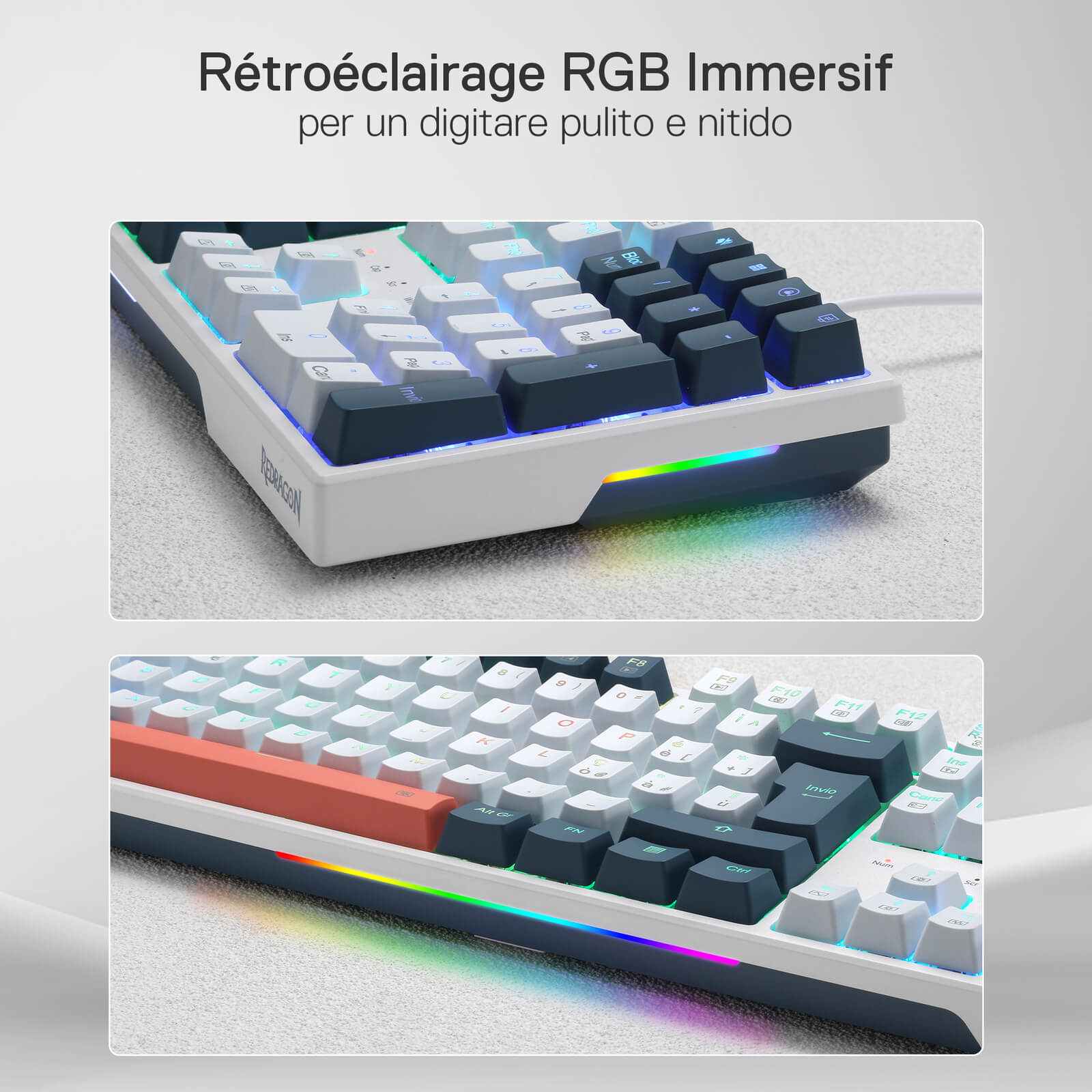 Redragon EU, Immersive RGB backlighting is highlighted, with vibrant side light strips and per-key illumination enhancing the typing experience.
