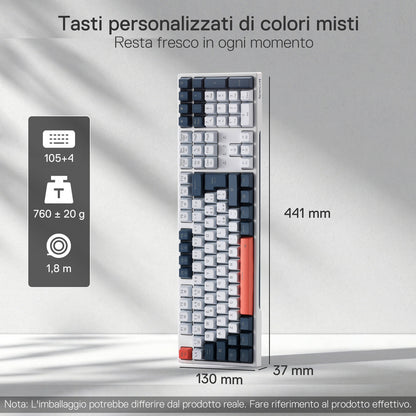 Redragon EU, The mixed-color custom keycaps are featured, with the keyboard’s dimensions (441×130×37mm) and weight (760±20g) clearly indicated.