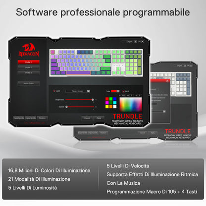 Redragon EU, Professional programmable software is demonstrated, offering 16.8 million colors, 21 lighting modes, macro editing, and music-synced effects for full customization.