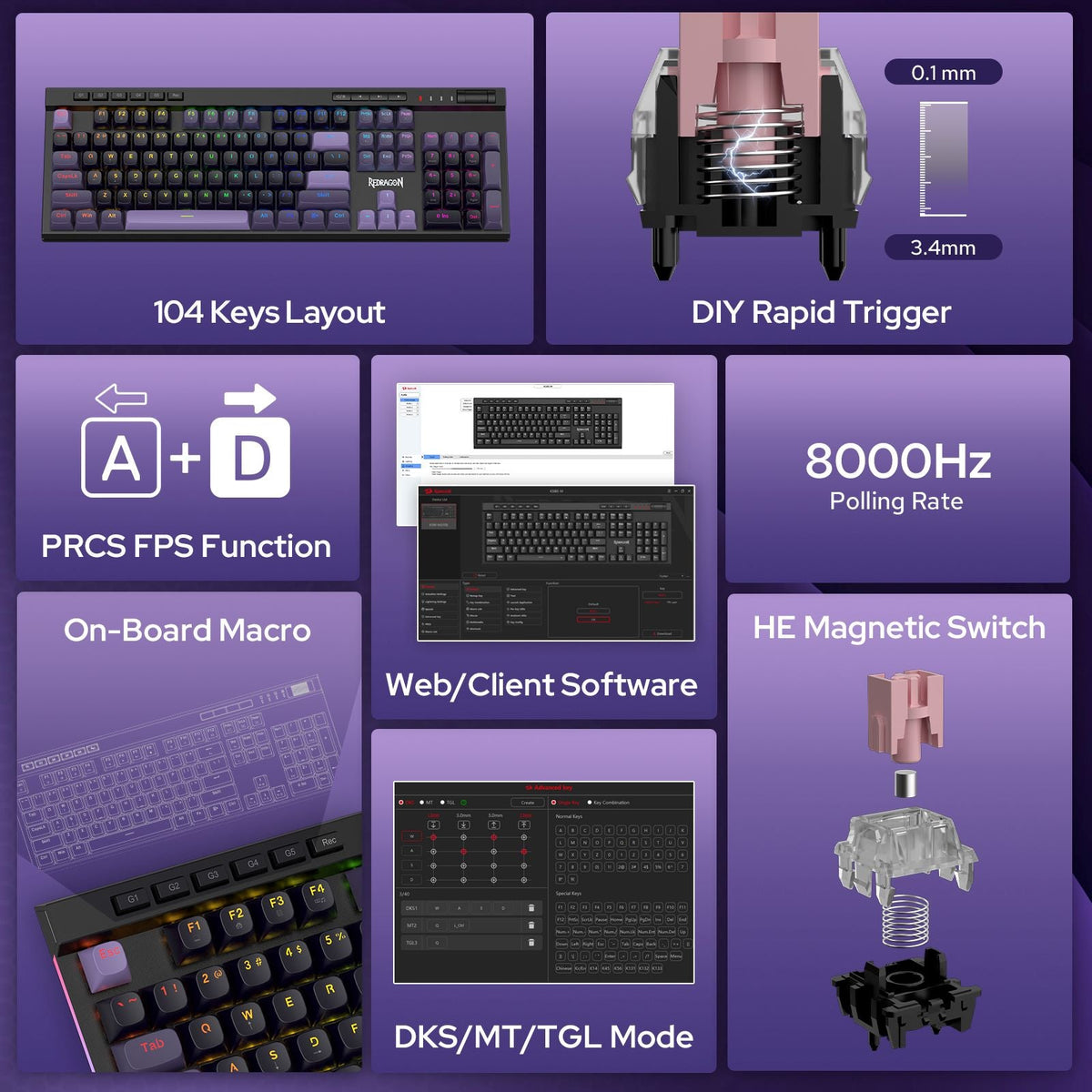 Redragon EU K580 HE Rapid Trigger Gaming Keyboard, 100% 104 Keys Wired Mechanical Keyboard w/Hyper-Fast Actuation, 8K Hall Effect Magnetic Switch, Dedicated Media Controls, Onboard Macro Recording