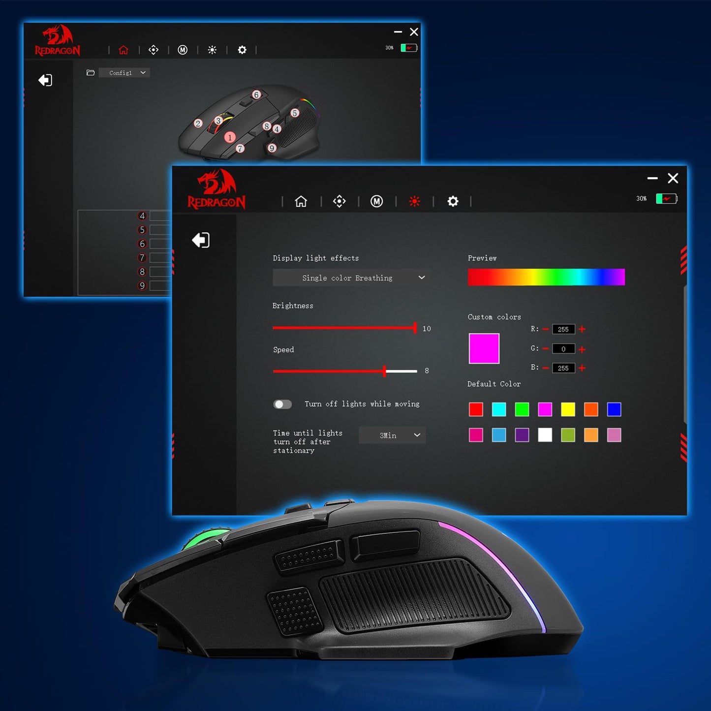 Gaming mouse with customizable light effects software on a blue background