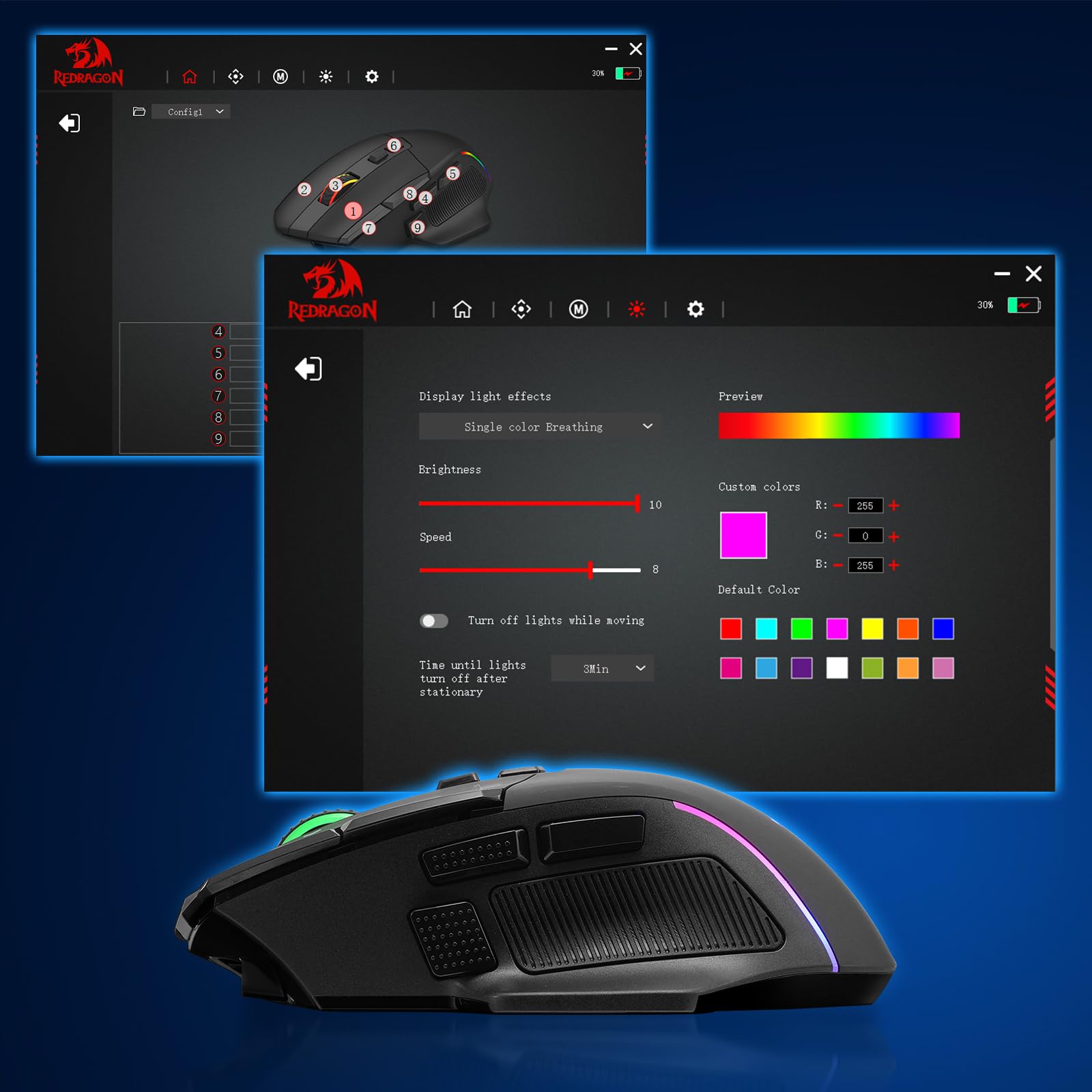 Gaming mouse with customizable light effects software on a blue background