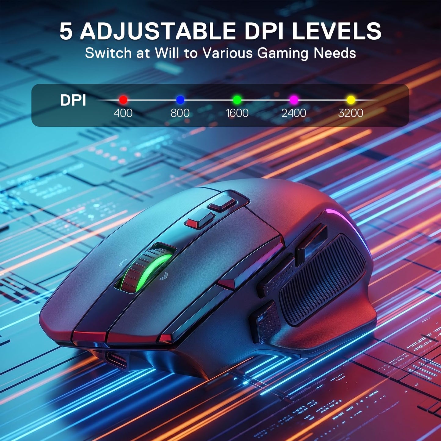 Gaming mouse with DPI settings on a digital background