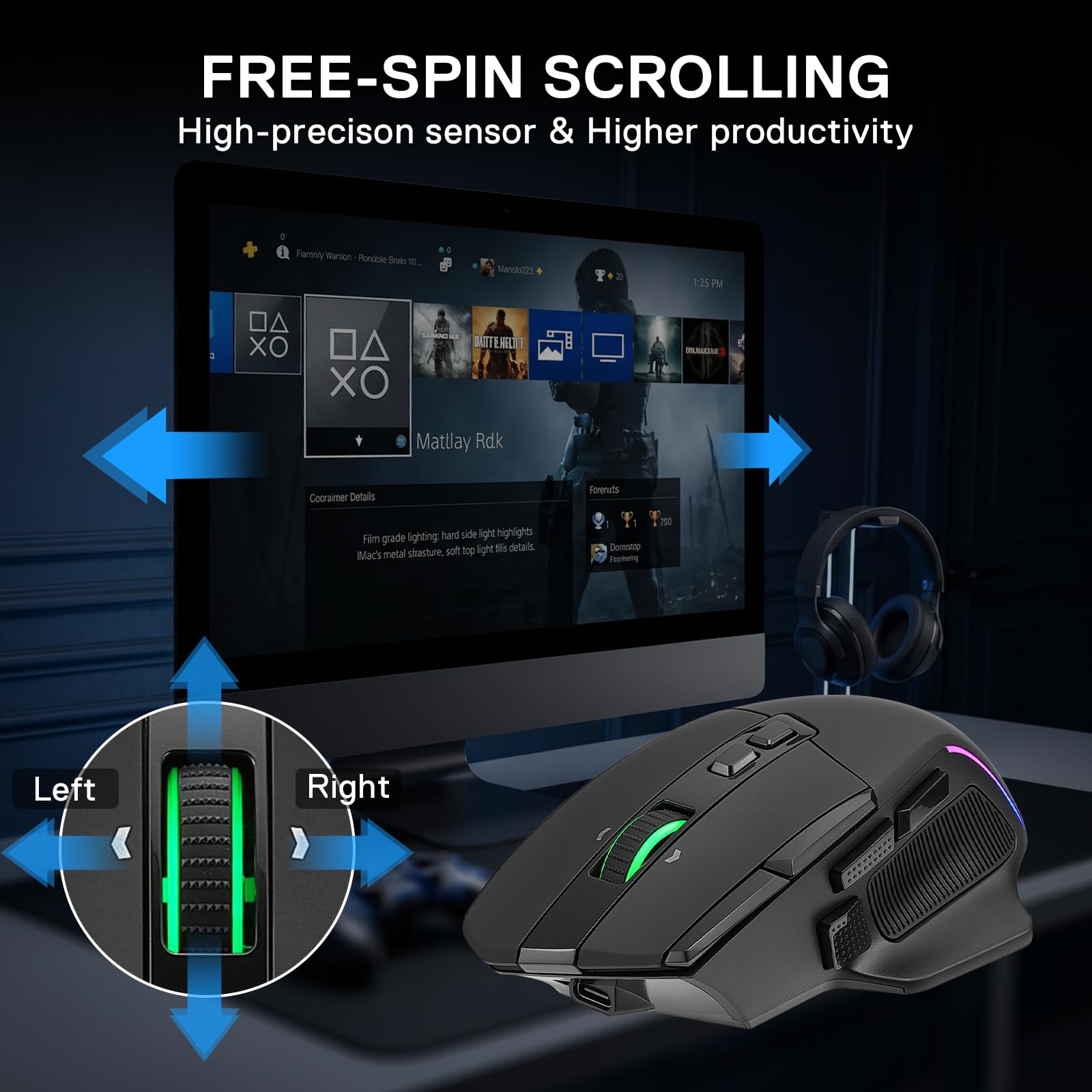 Gaming setup with mouse, monitor, and headset, emphasizing free-spin scrolling feature.