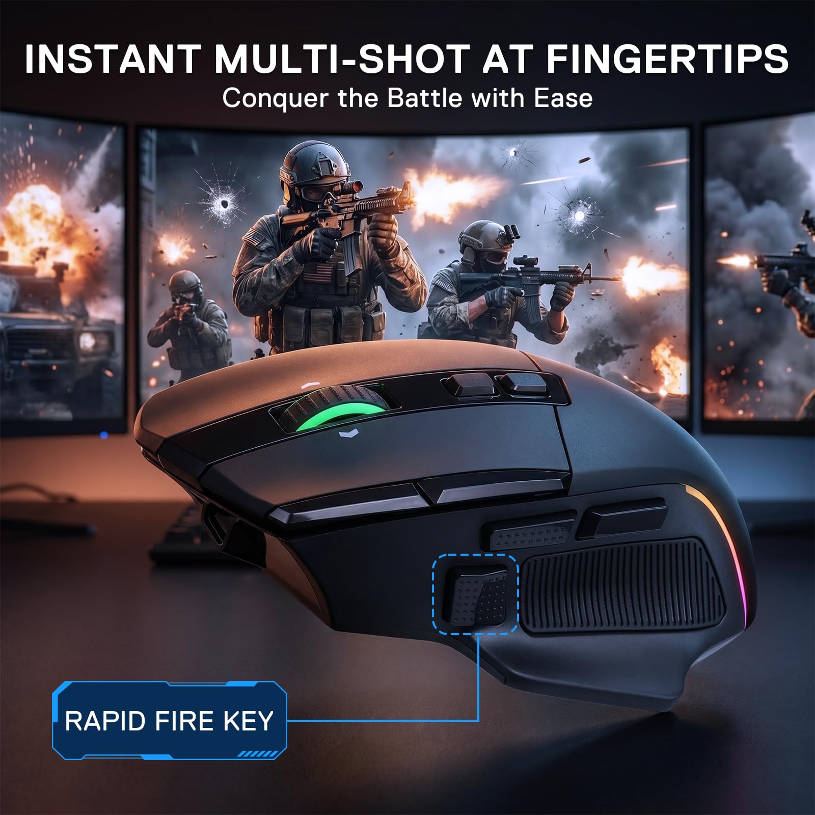 Gaming mouse with military-themed background and text about instant multi-shot capability.