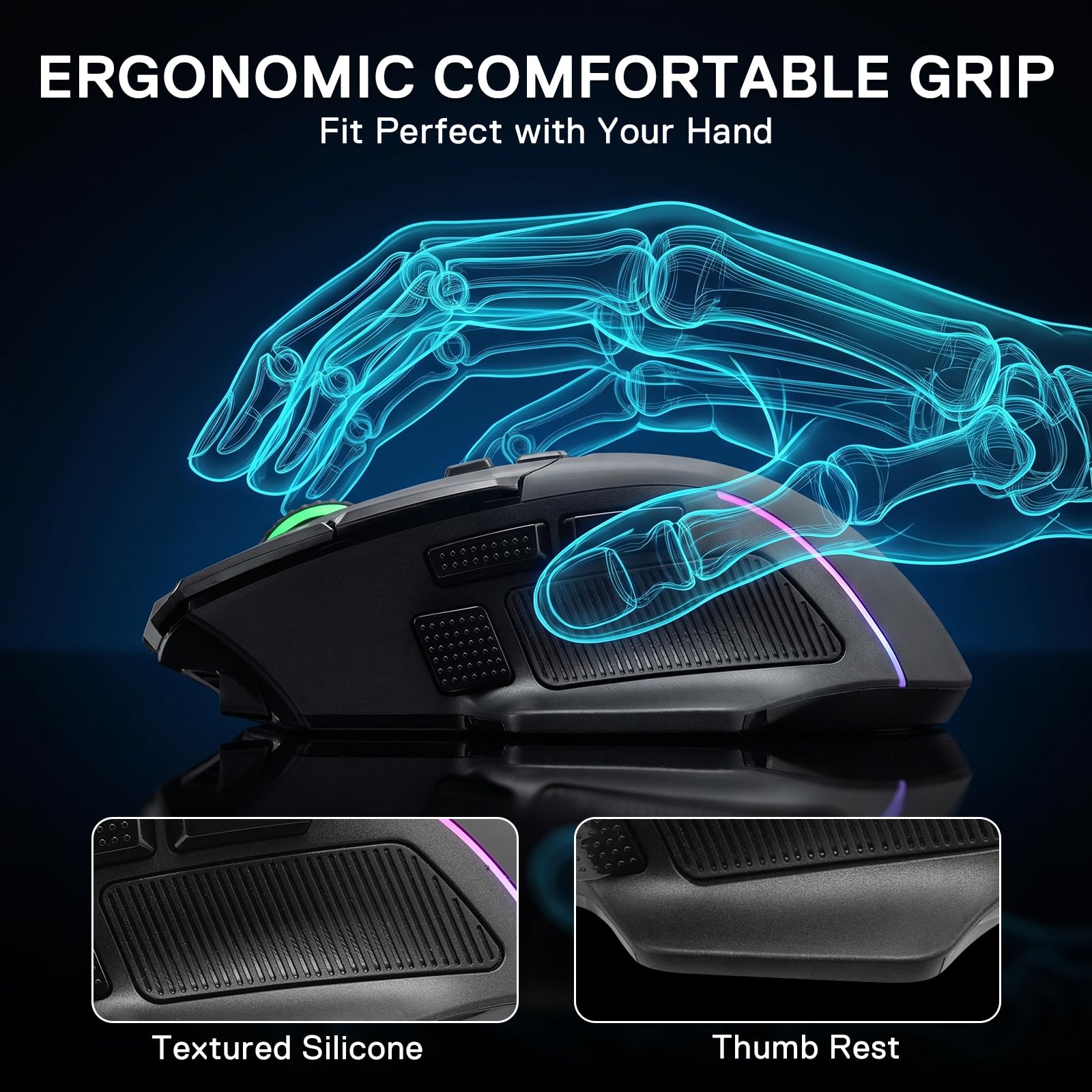 Gaming mouse with ergonomic design features on a dark background