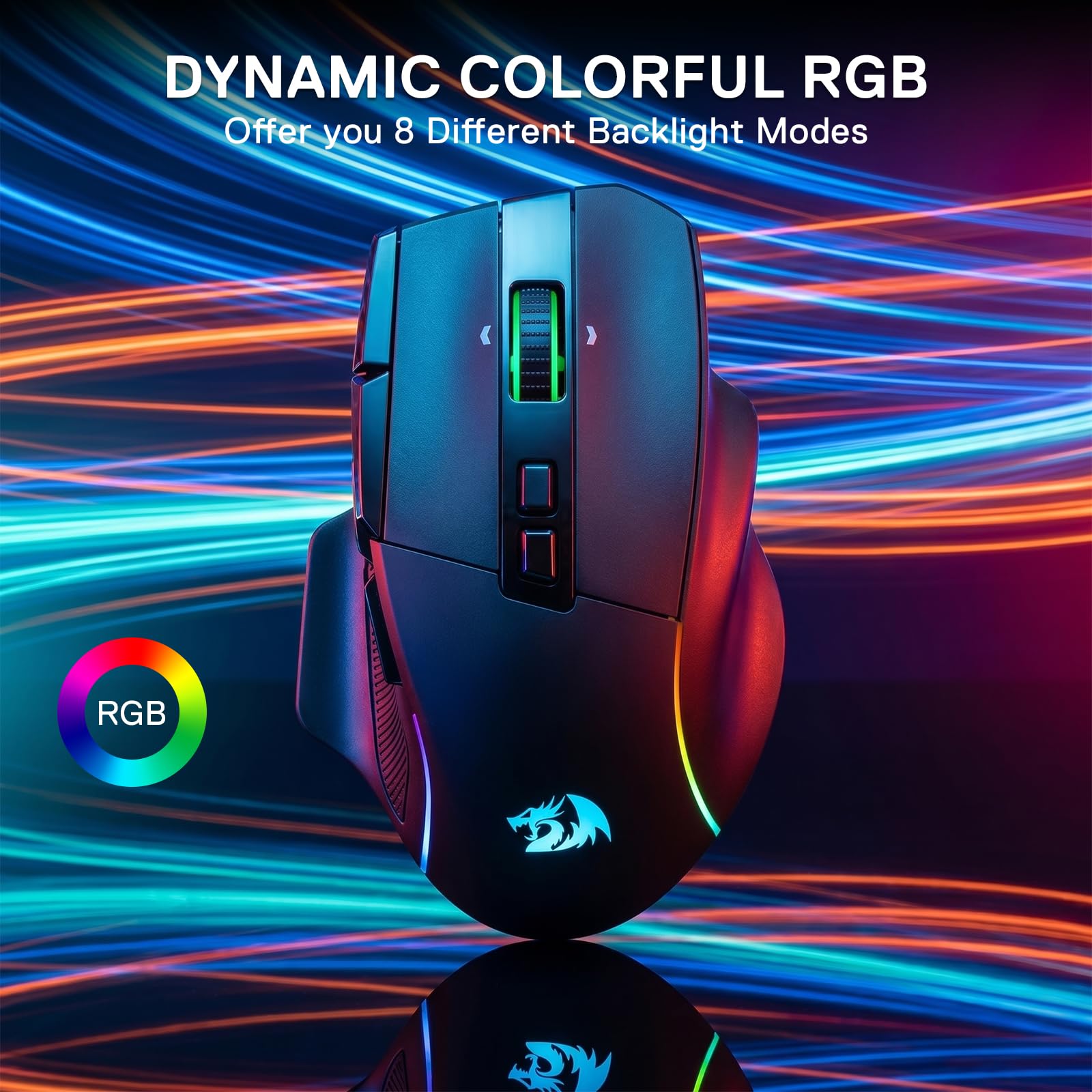 Gaming mouse with RGB lighting on a dynamic colorful background