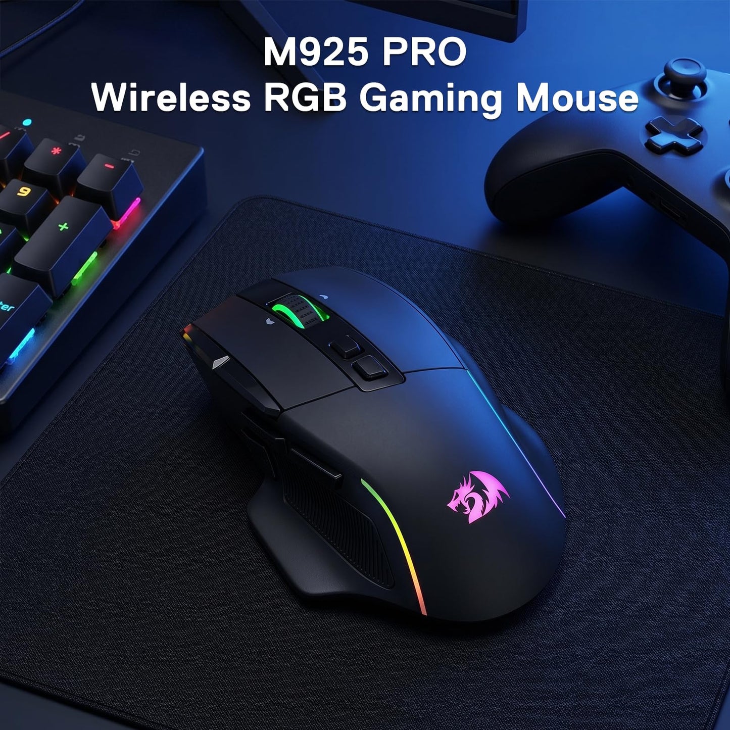 M925 PRO Wireless RGB Gaming Mouse on a desk with keyboard and mouse pad in the background