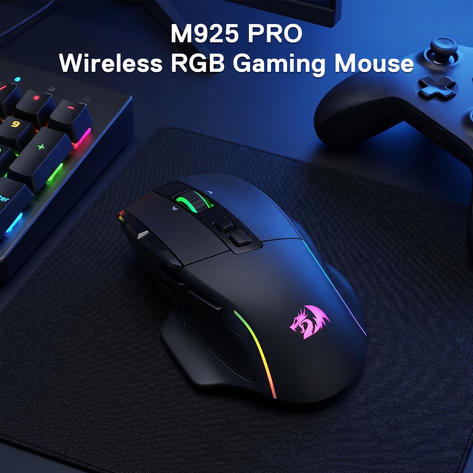 M925 PRO Wireless RGB Gaming Mouse on a desk with keyboard and mouse pad in the background