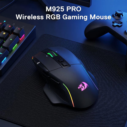 M925 PRO Wireless RGB Gaming Mouse on a desk with keyboard and mouse pad in the background