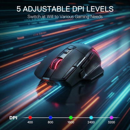 Gaming mouse with 5 adjustable DPI levels on a dynamic background