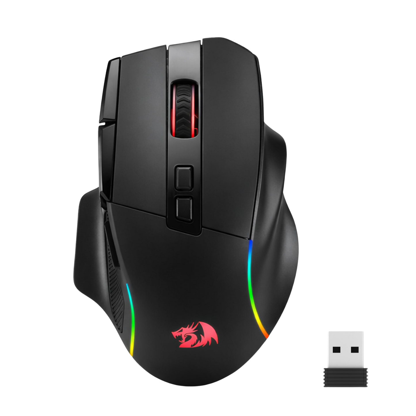 Gaming mouse with RGB lighting and a USB receiver on a black background | show