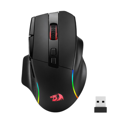 Gaming mouse with RGB lighting and a USB receiver on a black background | show