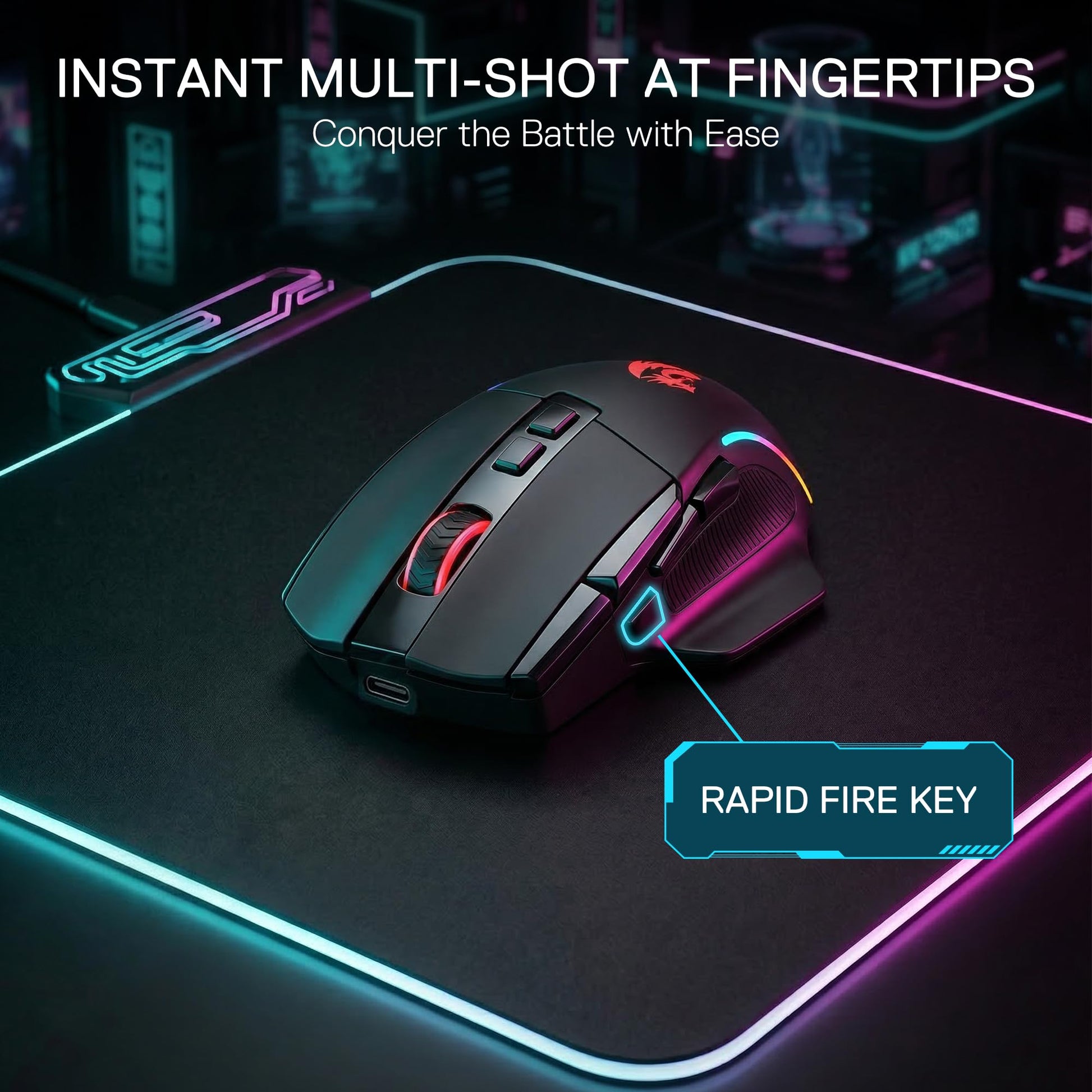 Gaming mouse with illuminated design on a dark surface with text about instant multi-shot at fingertips.