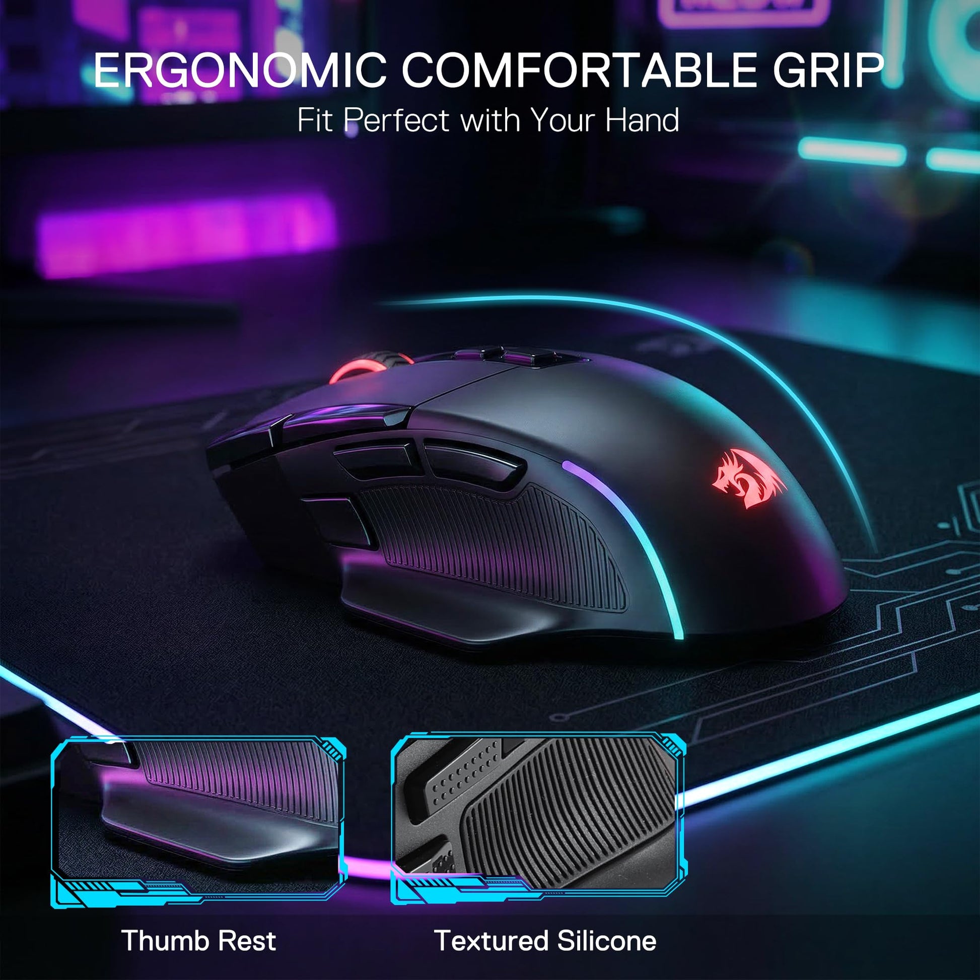 Gaming mouse with ergonomic design features on a dark background