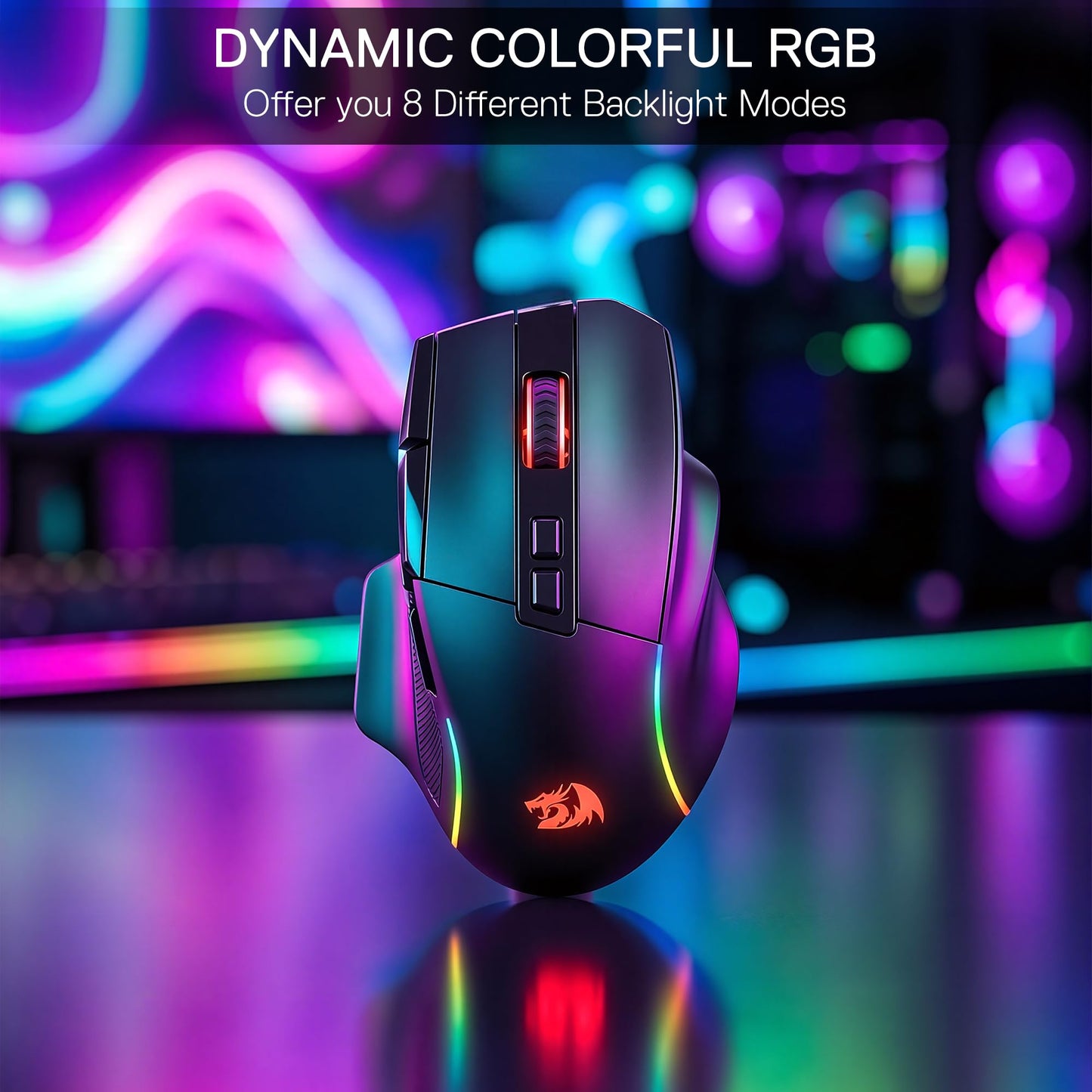 Gaming mouse with RGB lighting on a blurred colorful background