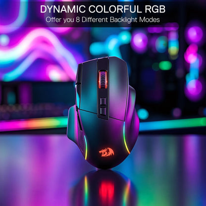 Gaming mouse with RGB lighting on a blurred colorful background