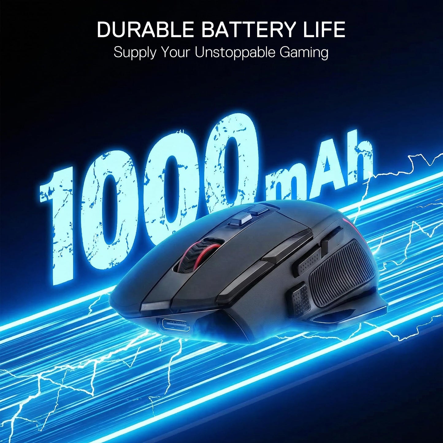 Gaming mouse with 1000mAh battery life text on a dark background