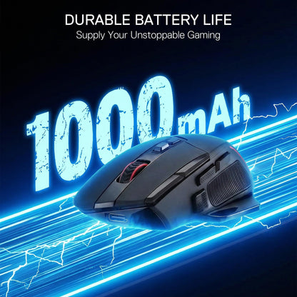 Gaming mouse with 1000mAh battery life text on a dark background