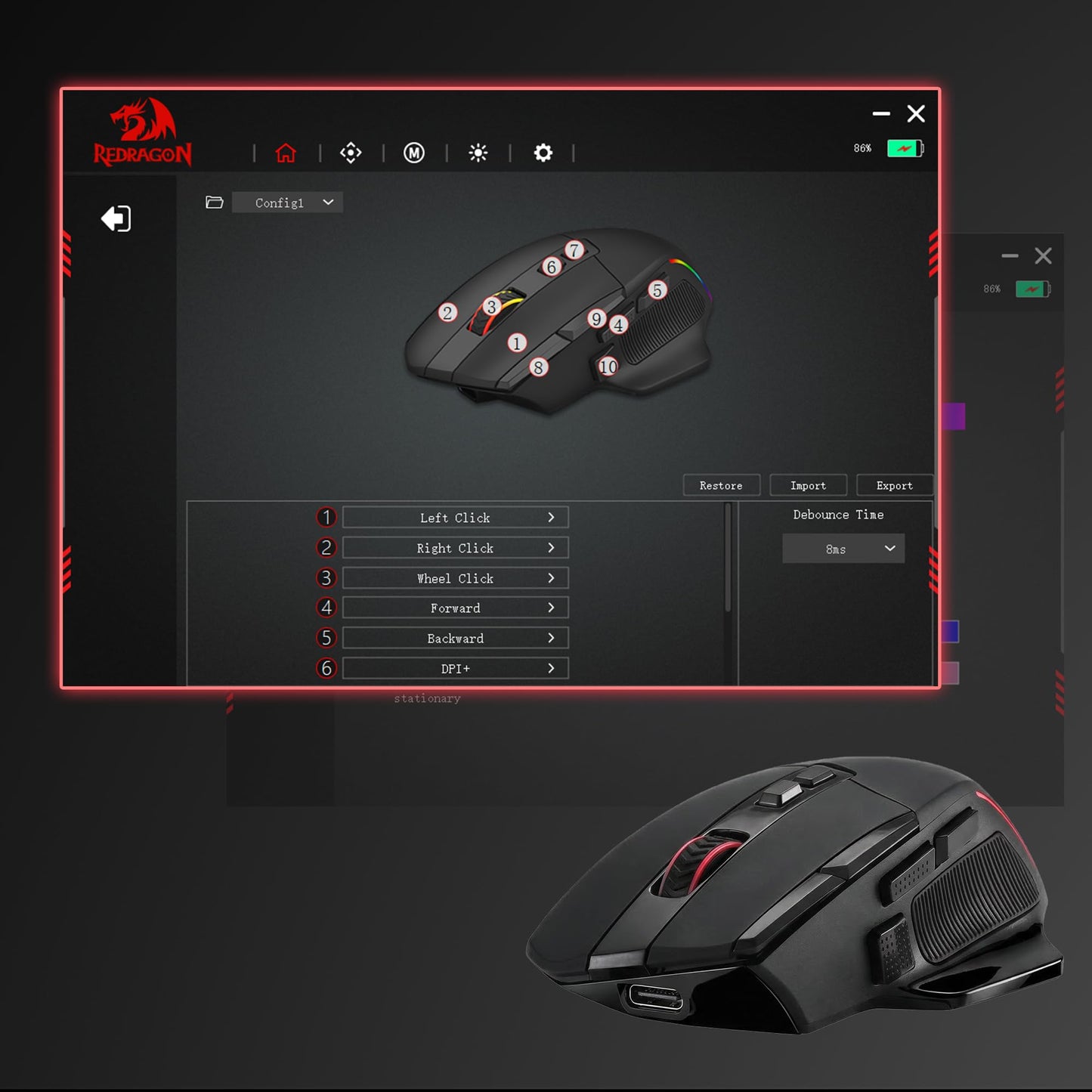 Gaming mouse with customization software interface on a black background, featuring Redragon logo.