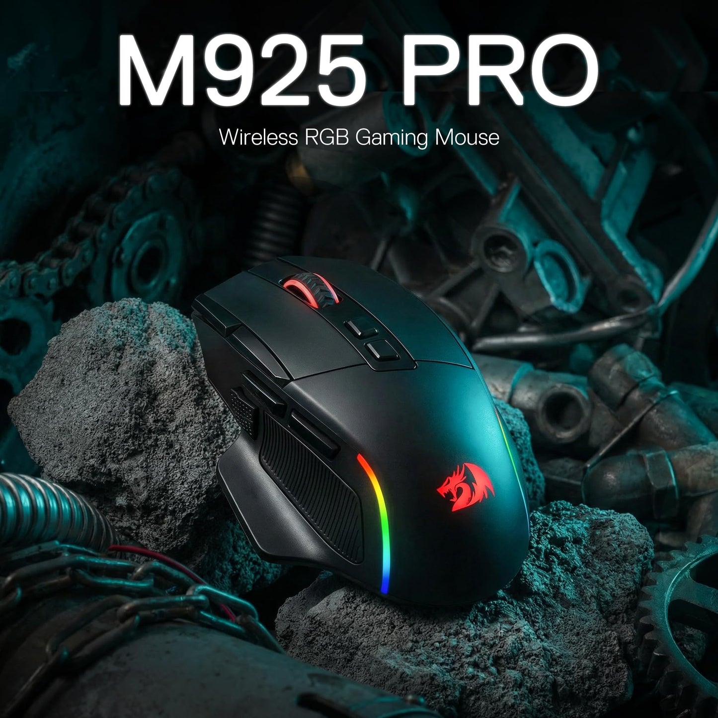M925 PRO wireless RGB gaming mouse on a mechanical background
