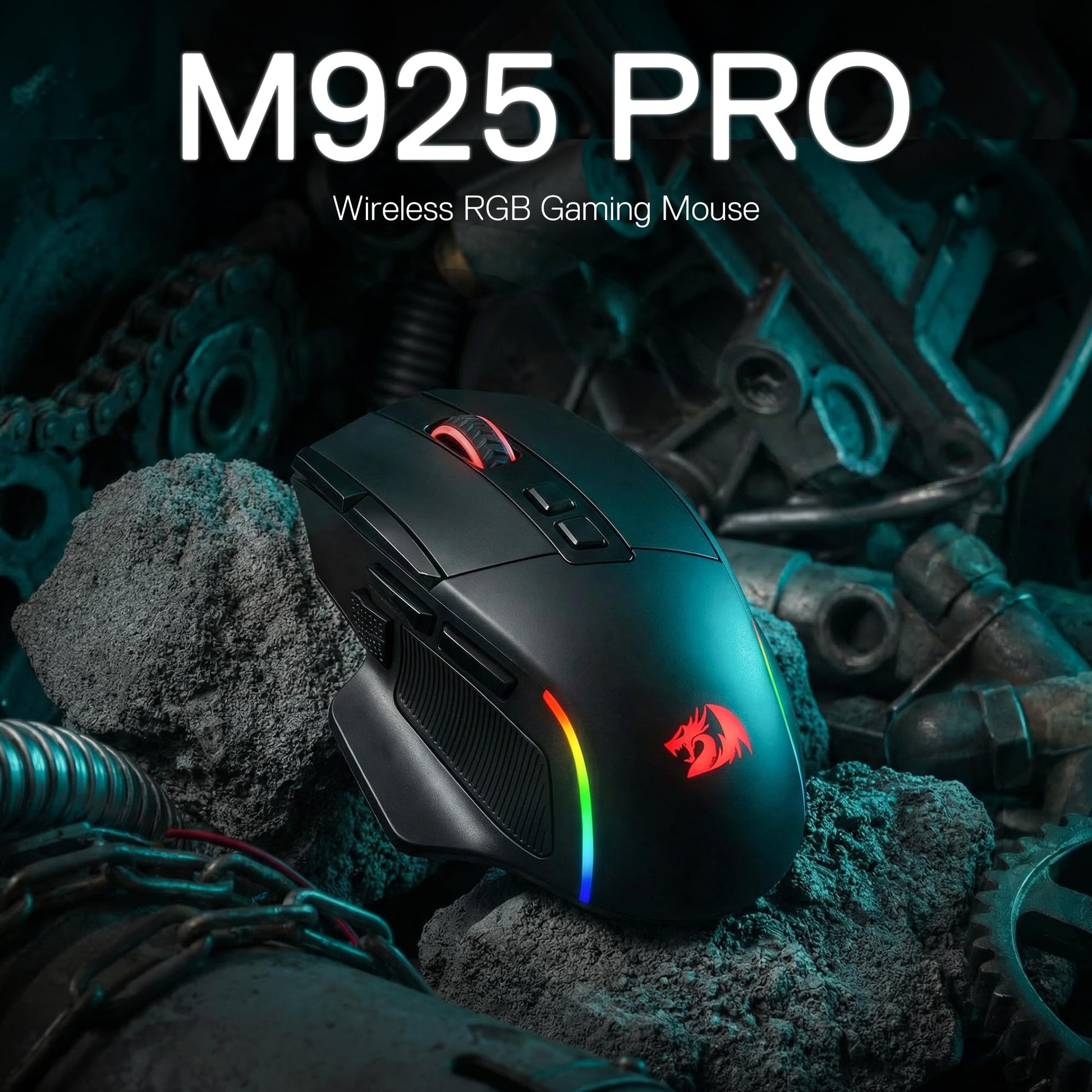 M925 PRO wireless RGB gaming mouse on a mechanical background