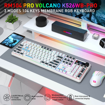 Redragon EU K526 PRO RGB Wireless Membrane Gaming Keyboard, 104 Keys Mechanical-Feel Keyboard w/LED Info Display, Media/Backlit Knob Control, Smooth Linear Switch & Software Supported