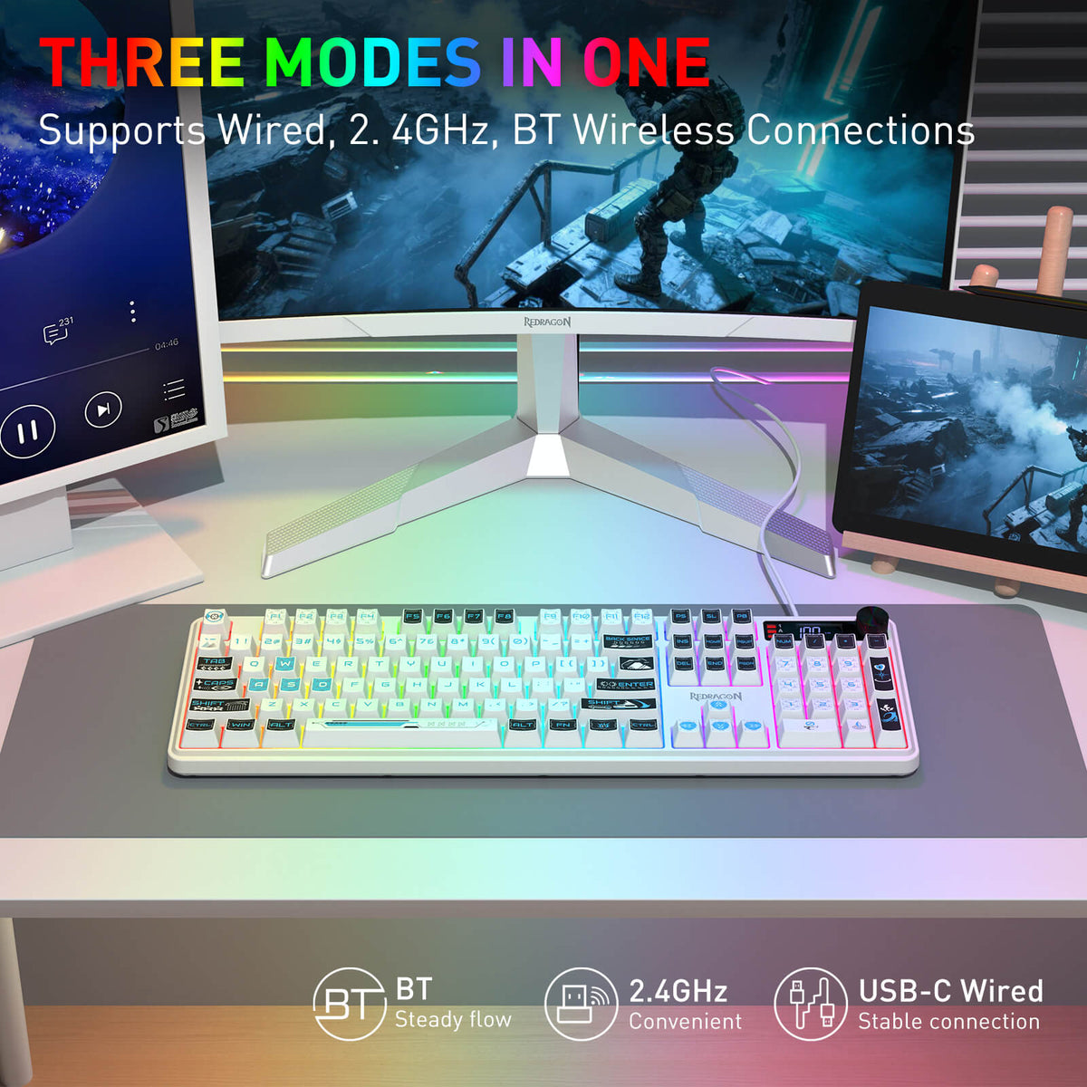 Redragon EU K526 PRO RGB Wireless Membrane Gaming Keyboard, 104 Keys Mechanical-Feel Keyboard w/LED Info Display, Media/Backlit Knob Control, Smooth Linear Switch & Software Supported