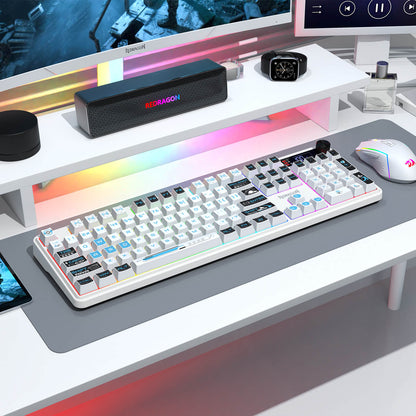 Redragon EU K526 PRO RGB Wireless Membrane Gaming Keyboard, 104 Keys Mechanical-Feel Keyboard w/LED Info Display, Media/Backlit Knob Control, Smooth Linear Switch & Software Supported