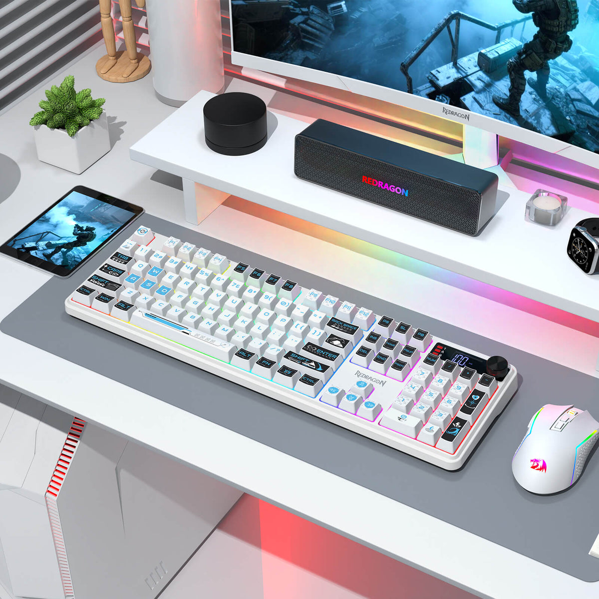 Redragon EU K526 PRO RGB Wireless Membrane Gaming Keyboard, 104 Keys Mechanical-Feel Keyboard w/LED Info Display, Media/Backlit Knob Control, Smooth Linear Switch & Software Supported